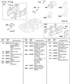 Intake Manifold, Exhaust Manifold Diagram and Parts List for 580447-0315-XX  Briggs and Stratton Engine